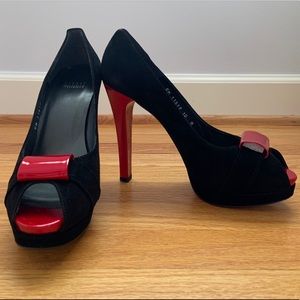 Stuart Weitzman Puente Black & Red Peep-Toe Pumps